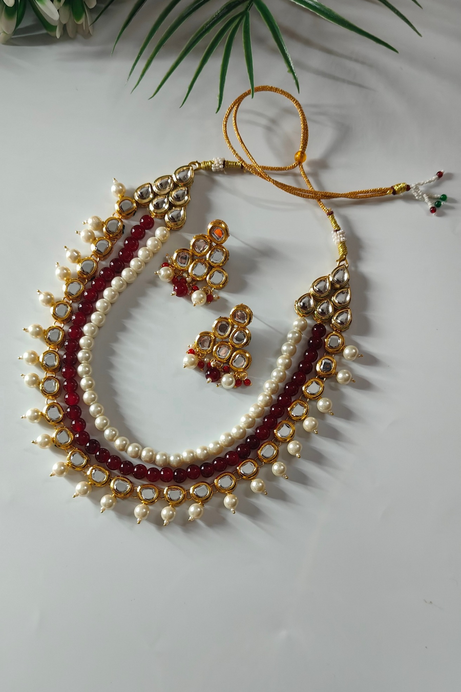 White & Maroon 3 layer kundan Necklace Set