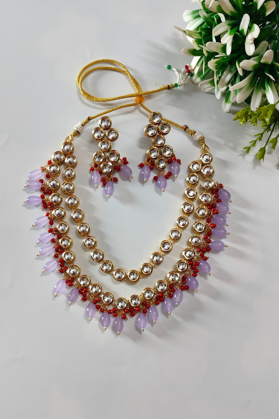 Purple & Red 2 layer Kundan Necklace Set