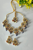 Blue & White Beaded Kundan Necklace Set with Earrings & Mangtika