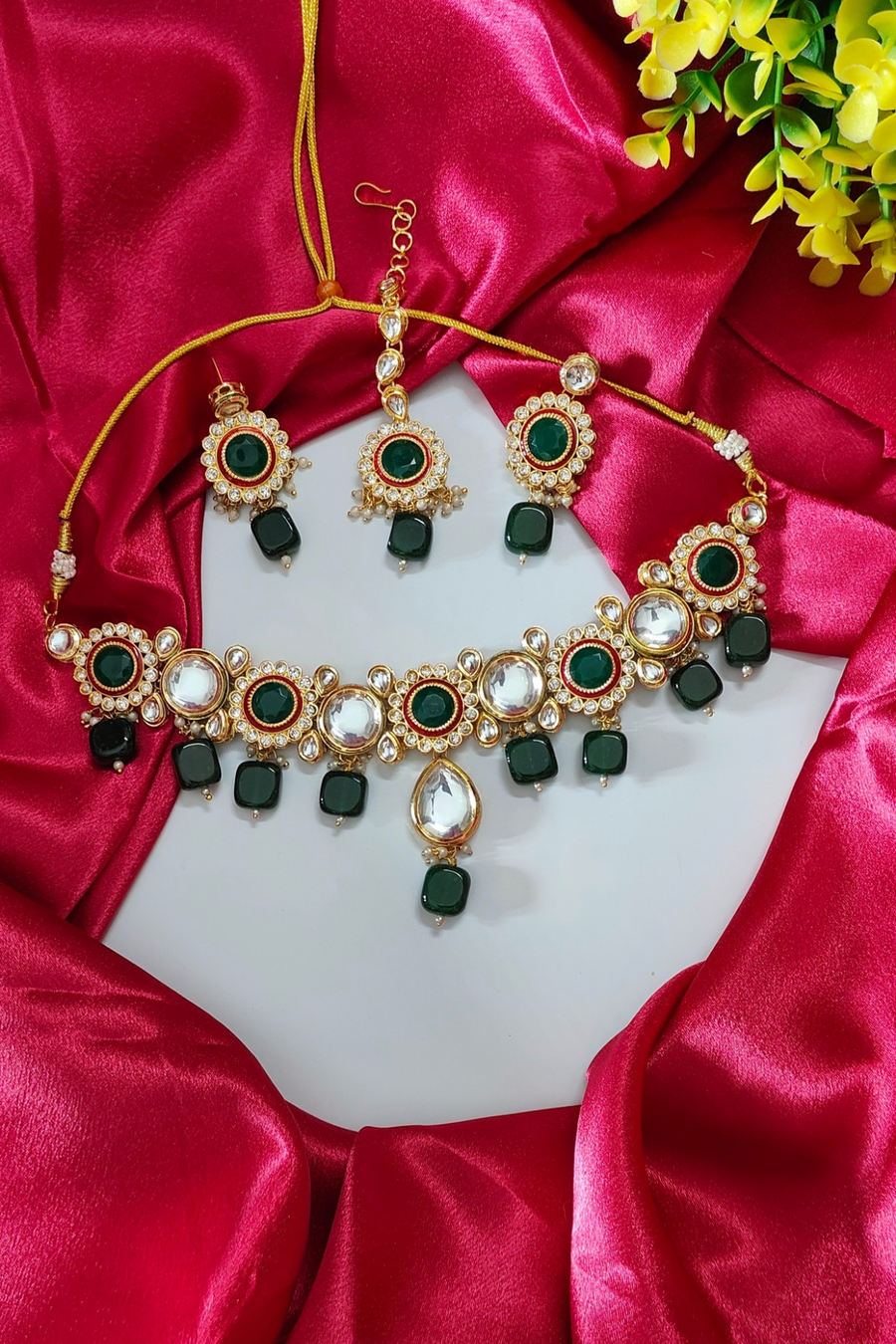 Green Kundan Tumble bead Necklace Set with Earrings & Mangtika