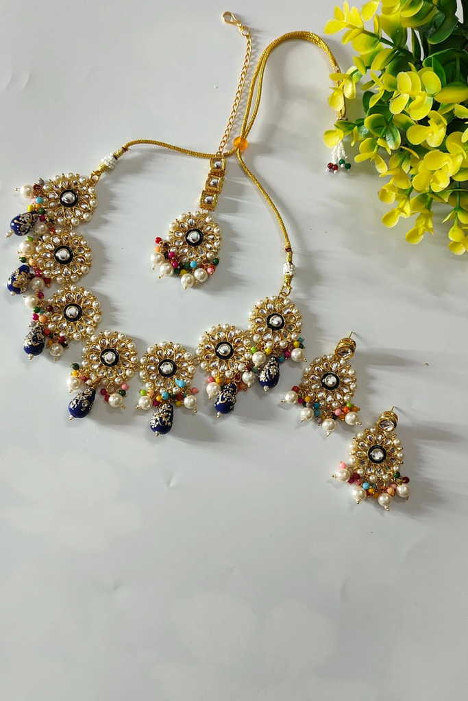 Blue & White Beaded Kundan Necklace Set with Earrings & Mangtika