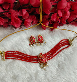 Red Crystal Beads kundan Choker Set with Stunning Earstuds