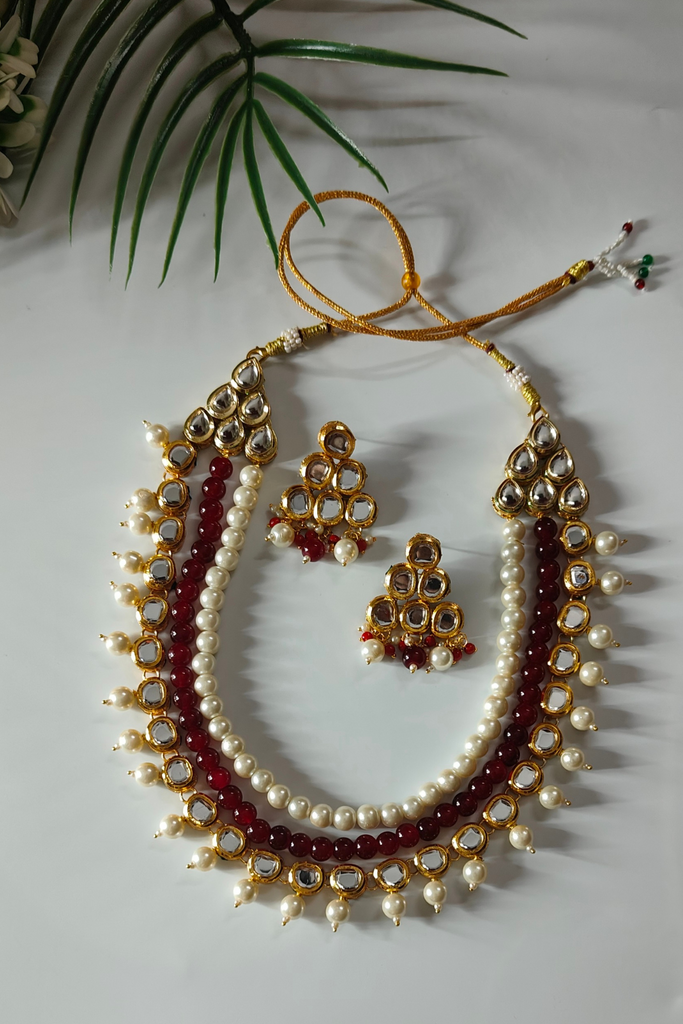 White & Maroon 3 layer kundan Necklace Set