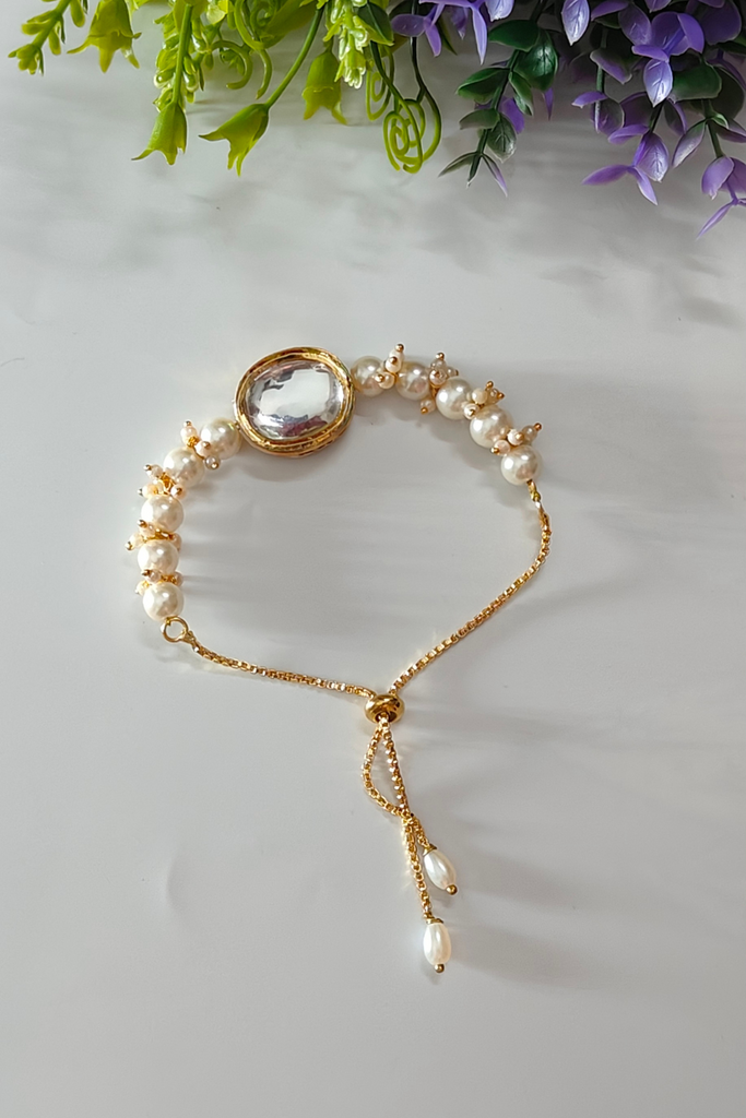 White Pearl & Kundan Bracelet with Adjustable Chain
