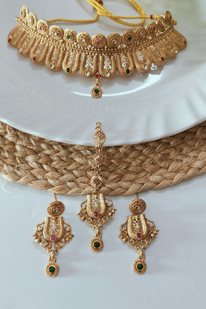 Rajwada Charm Brass Choker Set with Mangtika