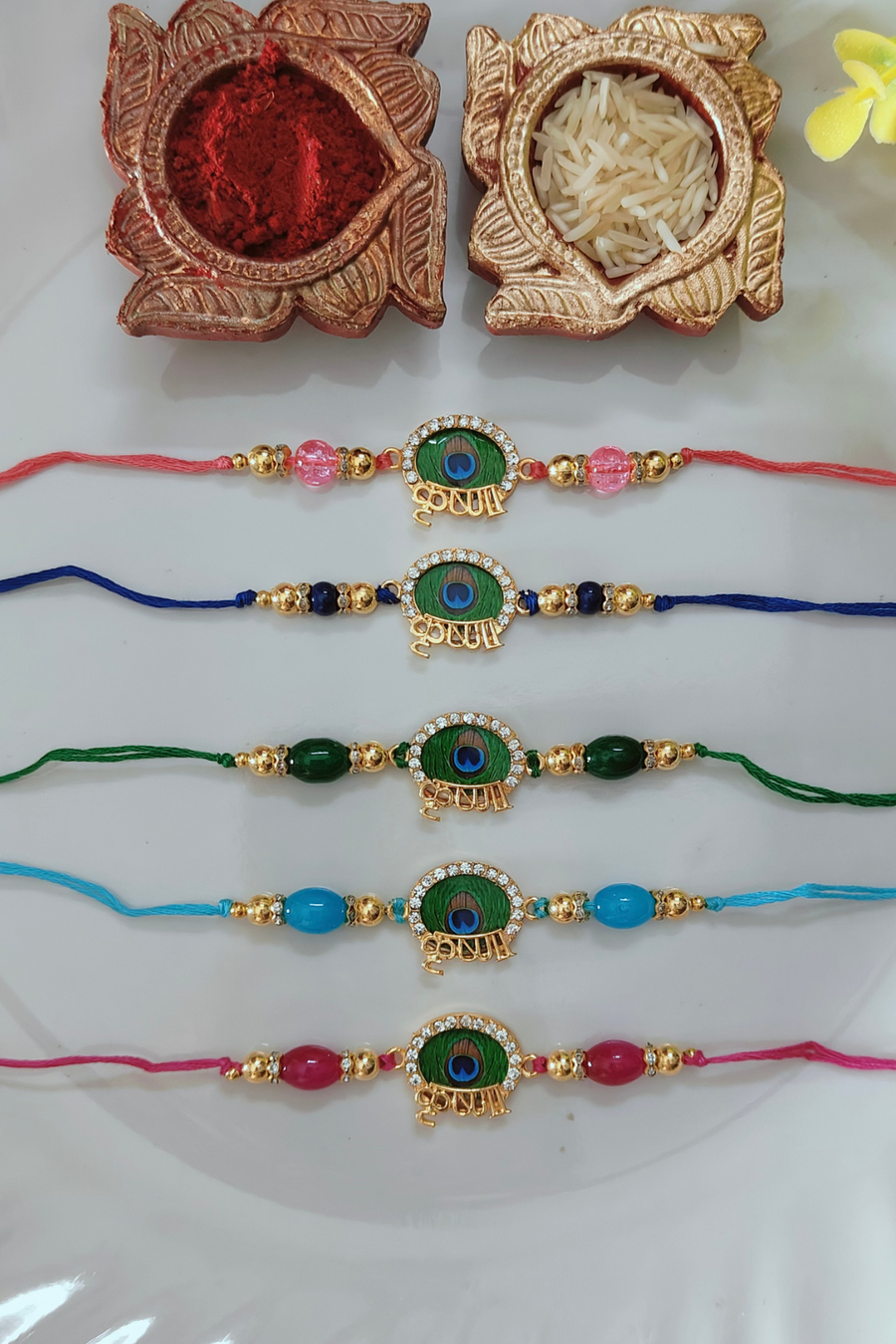 5 Different Colour Krishna Rakhi Combo