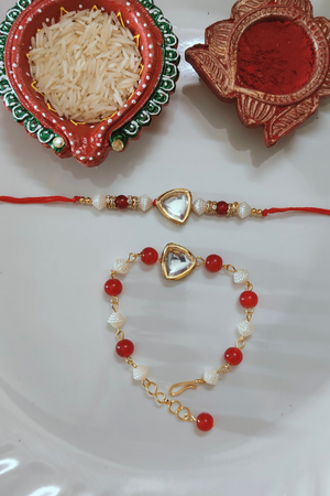 White & Red Pearl kundan Couple Rakhi