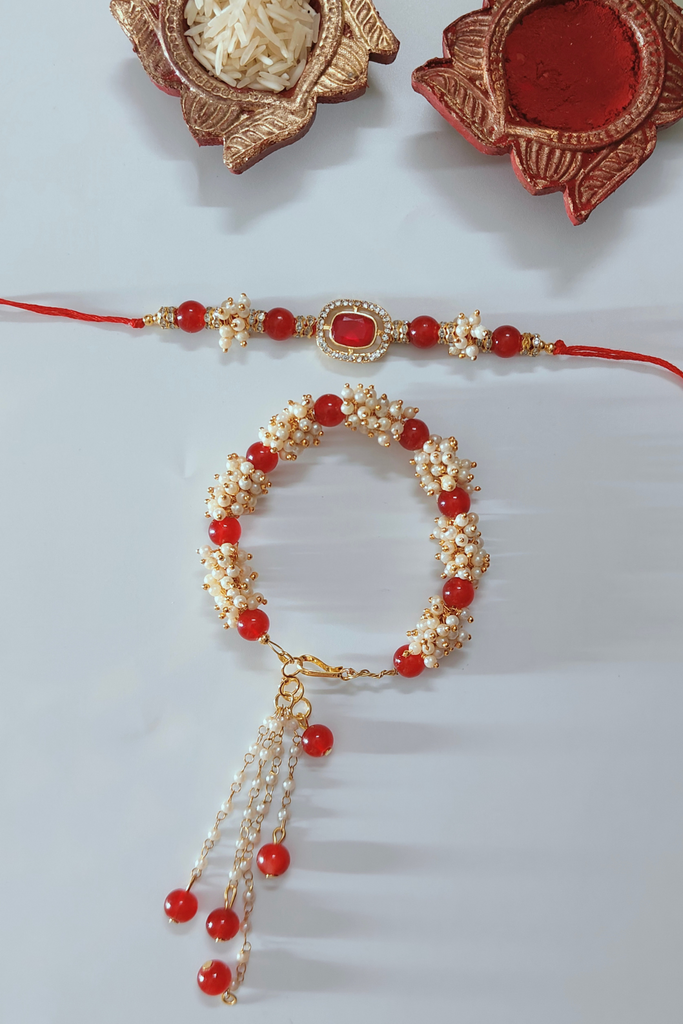 Red Kundan Beaded Bracelet Couple Rakhi