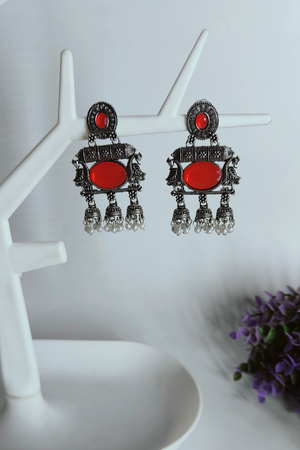 Red Kundan trio Oxidized Jhumka
