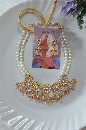 Flower Kundan & White Pearl 2 layer Necklace set