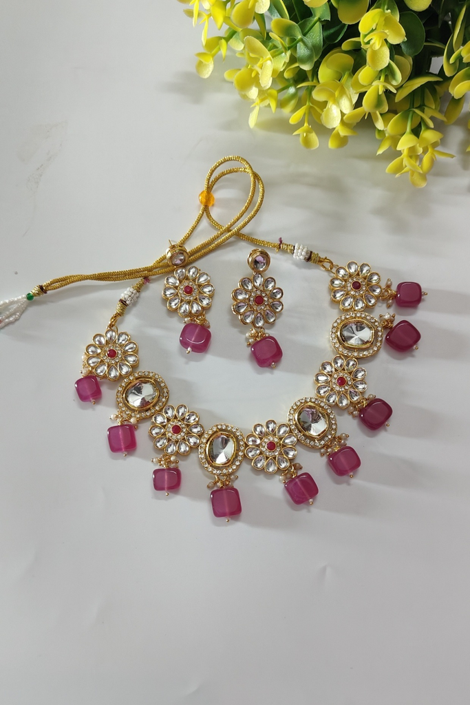 Pink Polki Kundan Necklace set