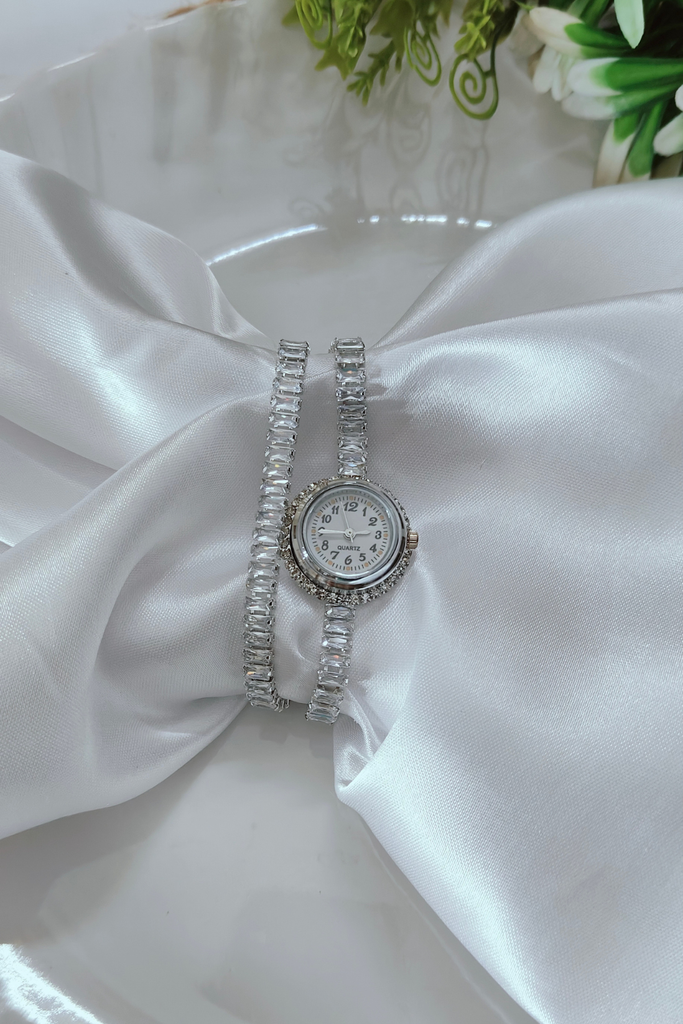 White Diamond Stone Watch with Bracelet