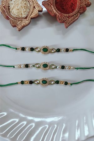 Green Kundan & Beaded Bhai Rakhi Combo Set ( Pack of 3)