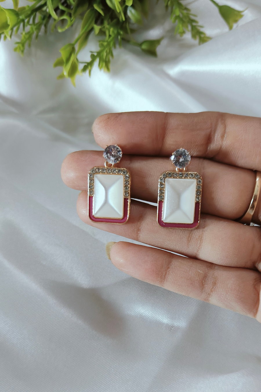 Pink Sparkling Square Stone Earrings
